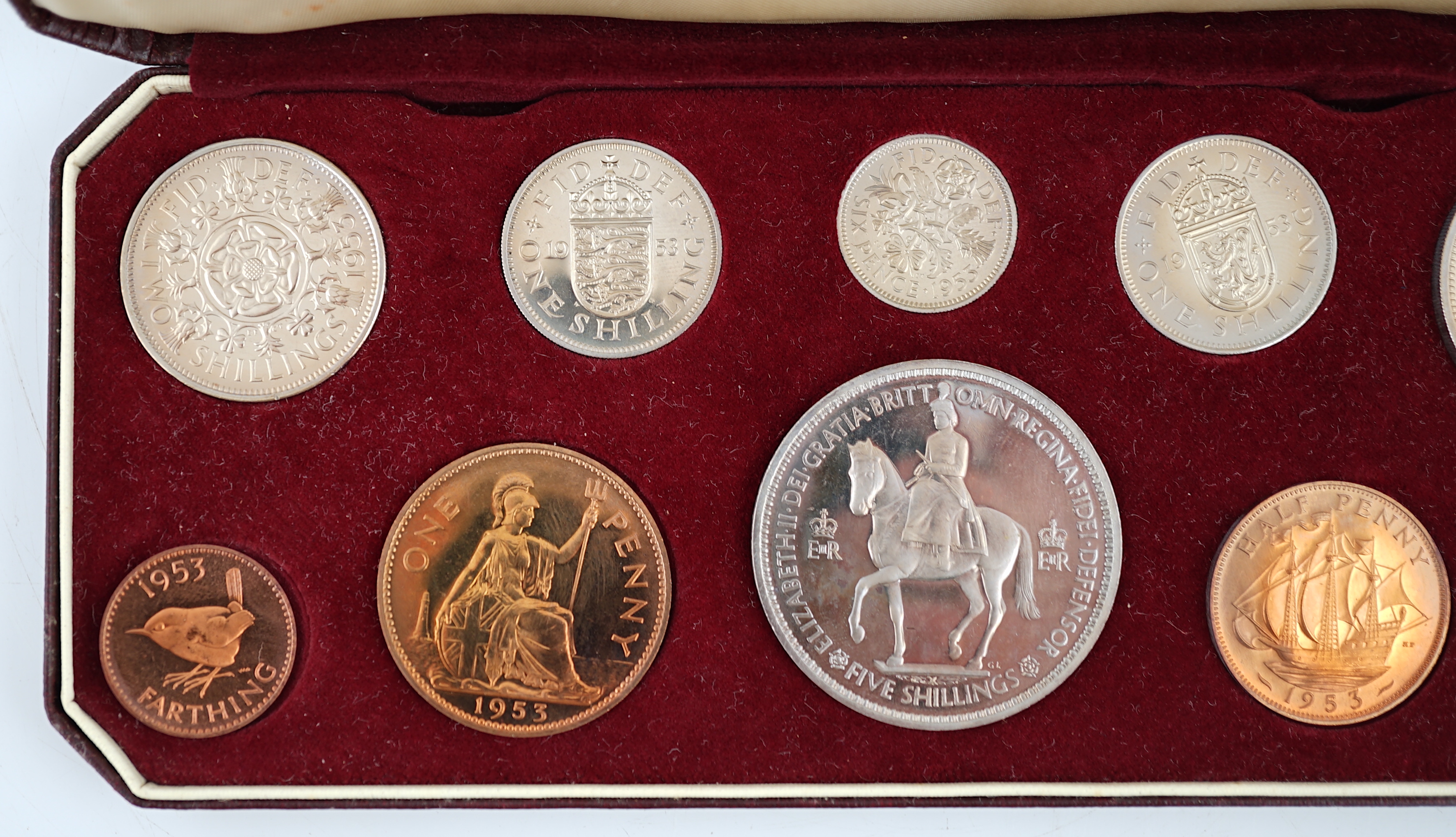 British coins, Queen Elizabeth II coronation proof coin set 1953, farthing to five shillings, cased